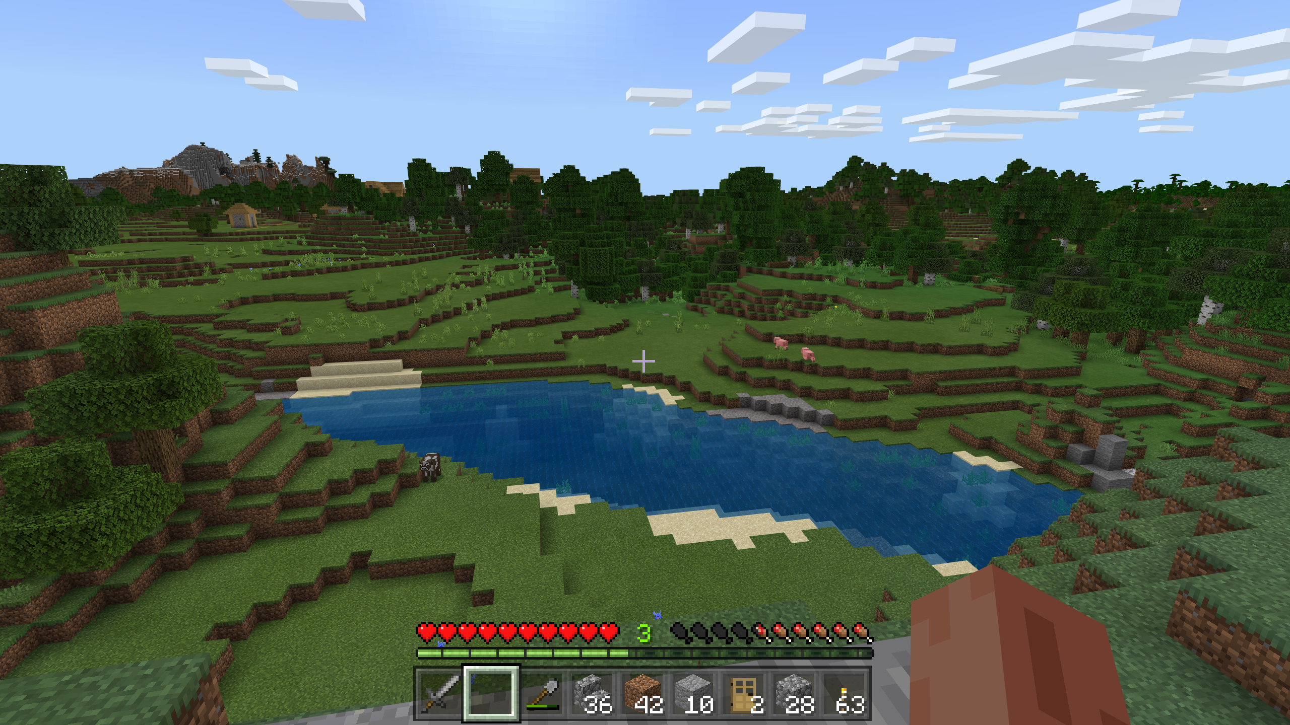 Screen shot from Minecrafh, showing a player looking down from a hill