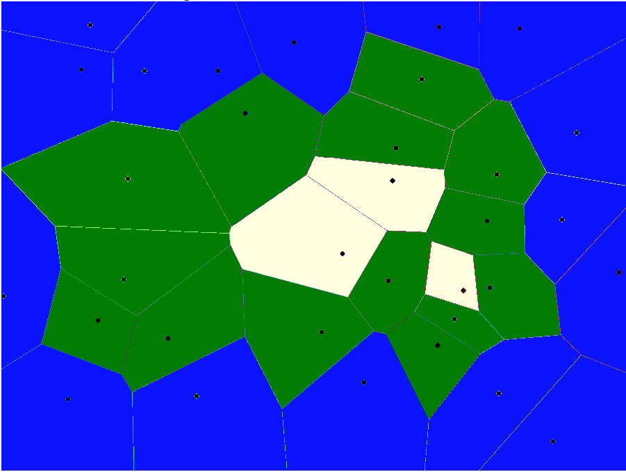 Same Voronoi diagram, but with coloration showing "distance" from the edge of the map.